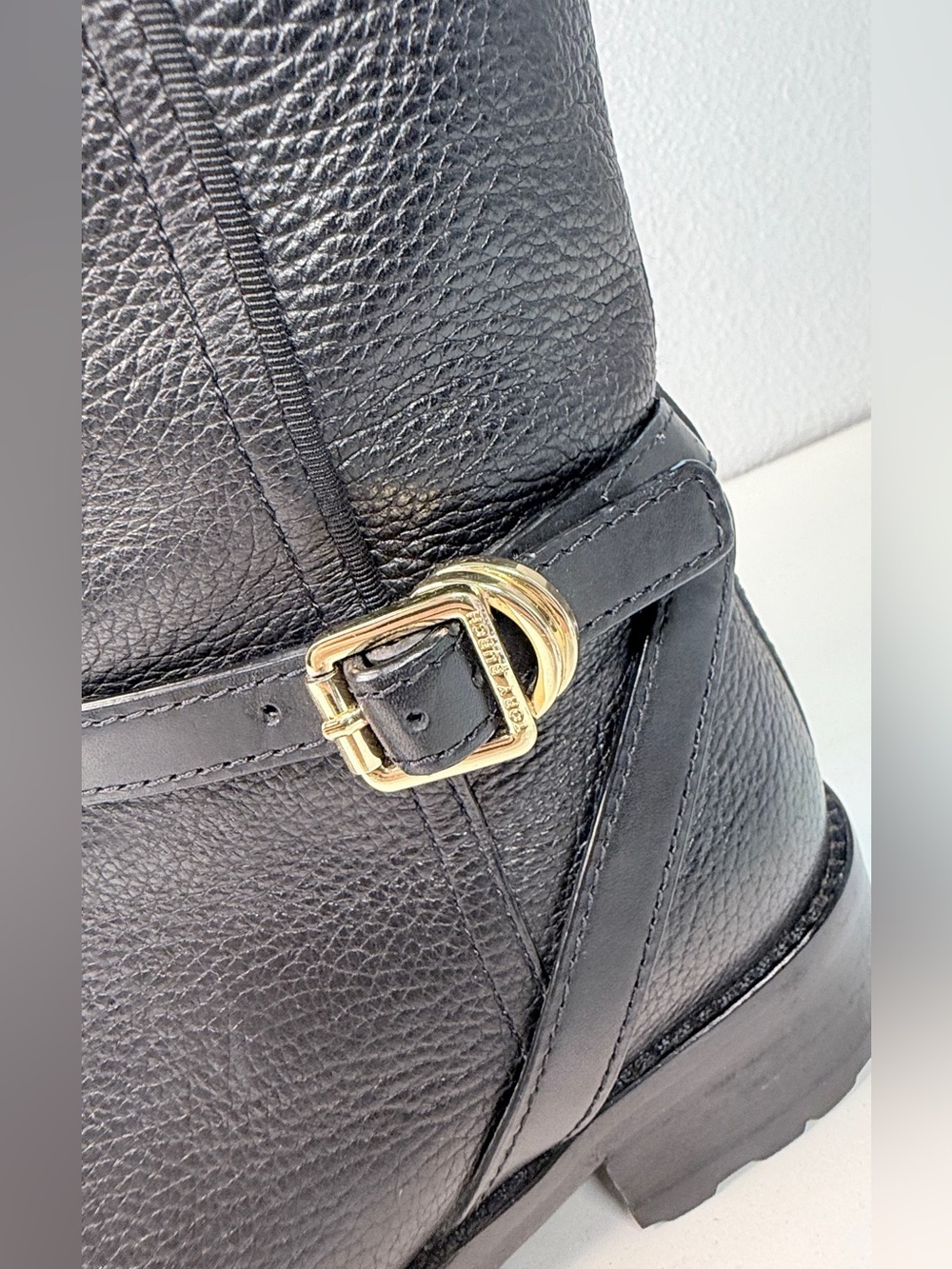 Tory Burch Tall black Pebbled Leather Riding Boots Gold Logo size  8 Boots - Picture 3 of 16